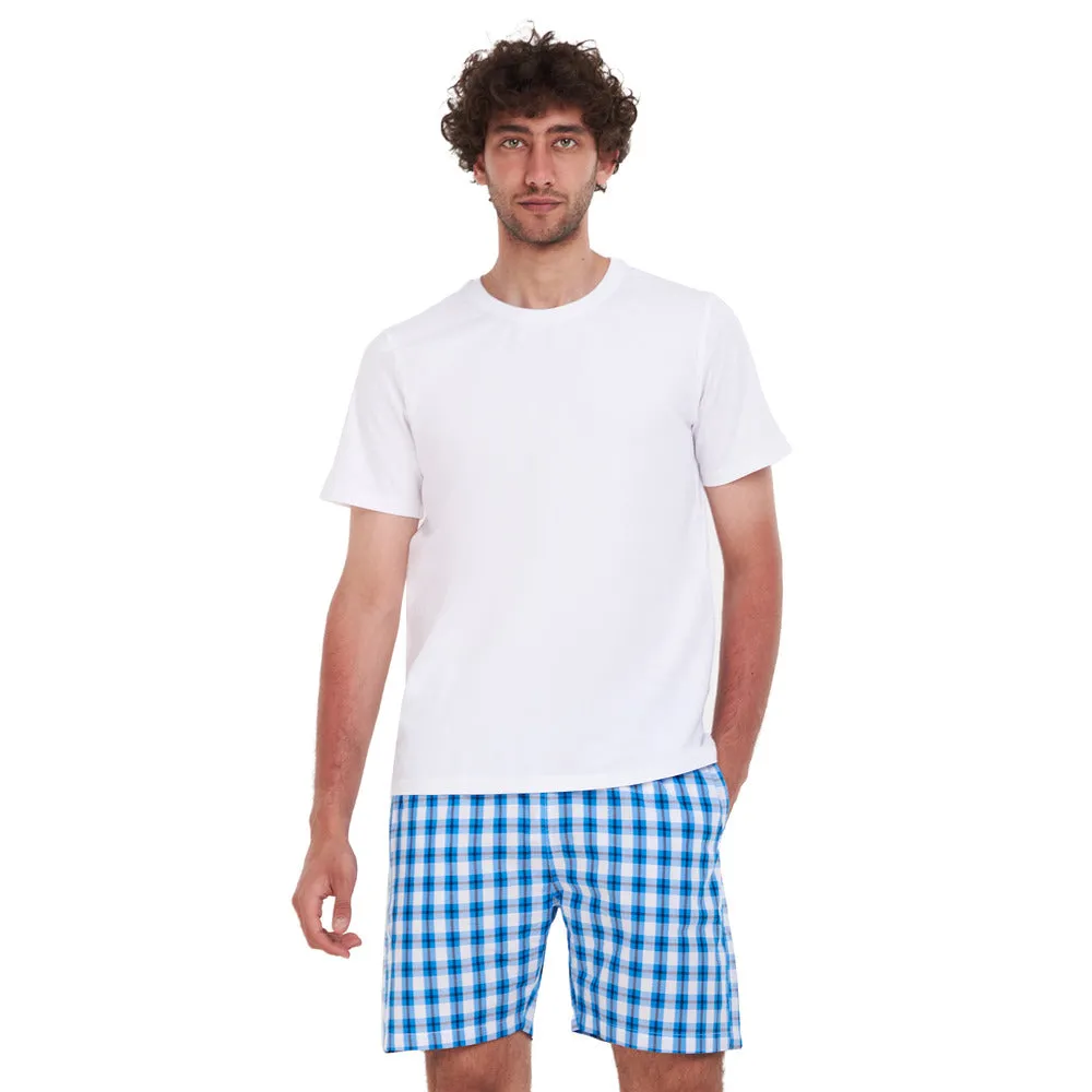 Men summer pajama set White T-shirt  Blue x White Checkered short