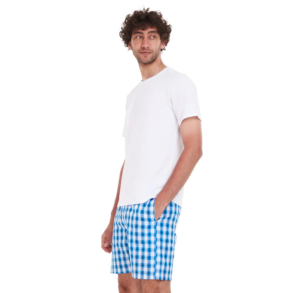 Men summer pajama set White T-shirt  Blue x White Checkered short