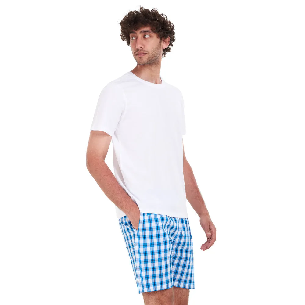 Men summer pajama set White T-shirt  Blue x White Checkered short