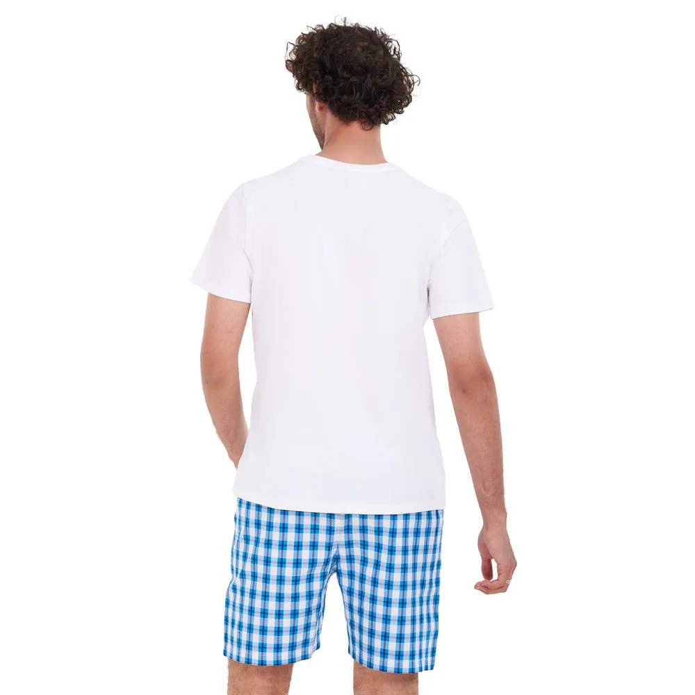 Men summer pajama set White T-shirt  Blue x White Checkered short