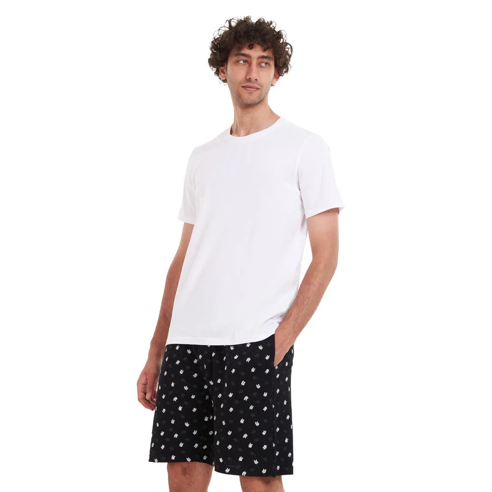 Men summer pajama set White T-shirt   Dark blue leaves short