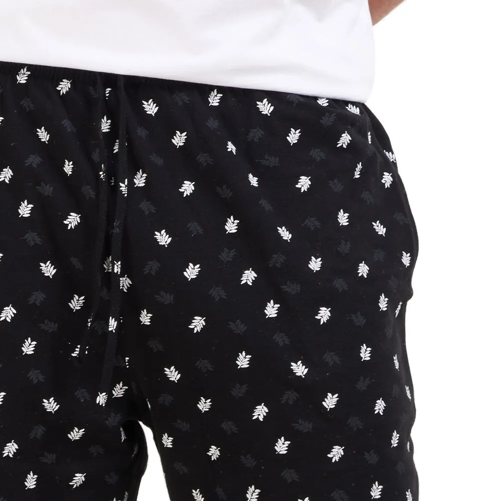 Men summer pajama set White T-shirt   Dark blue leaves short