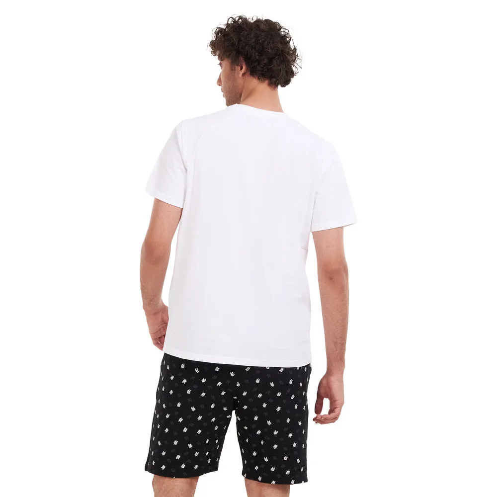 Men summer pajama set White T-shirt   Dark blue leaves short