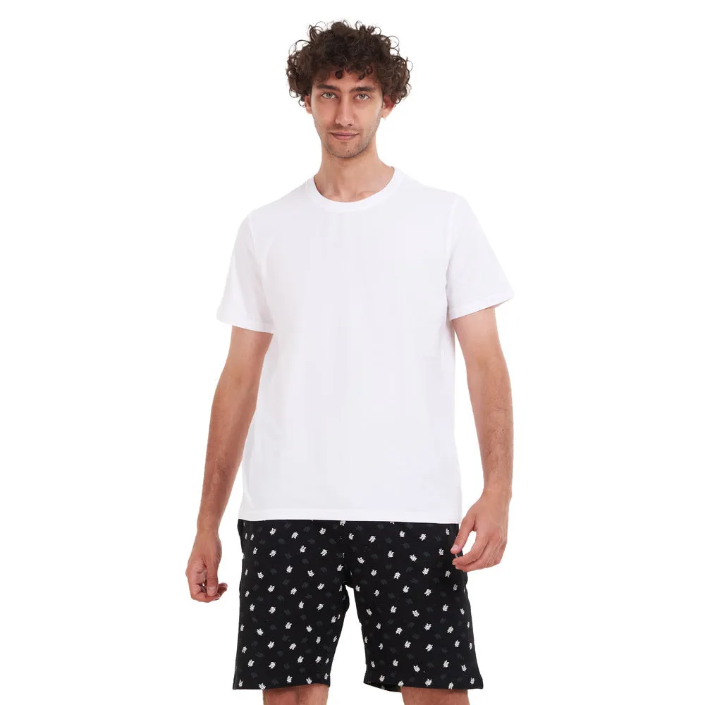 Men summer pajama set White T-shirt   Dark blue leaves short
