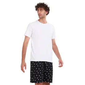 Men summer pajama set White T-shirt   Dark blue leaves short