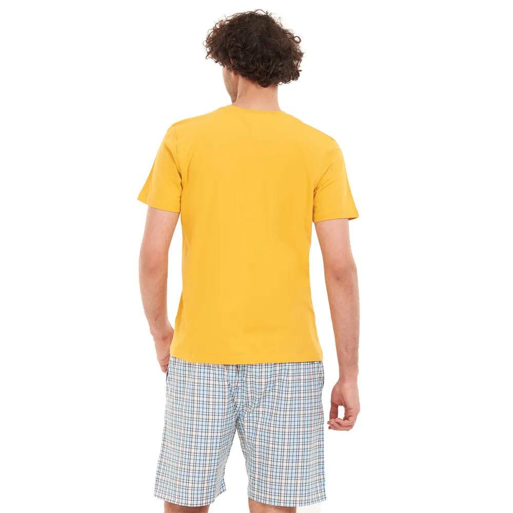 Men summer pajama set Yellow T-shirt   Blue x yellow checkered short