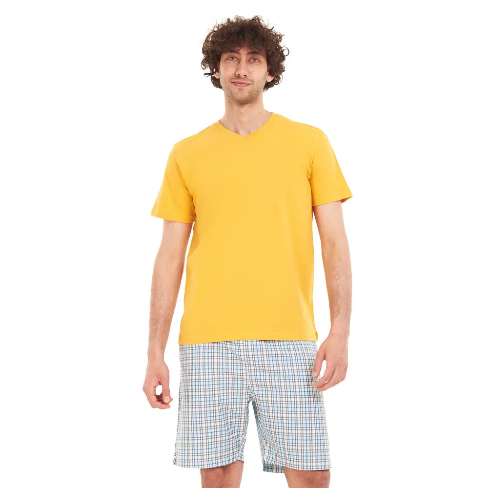 Men summer pajama set Yellow T-shirt   Blue x yellow checkered short