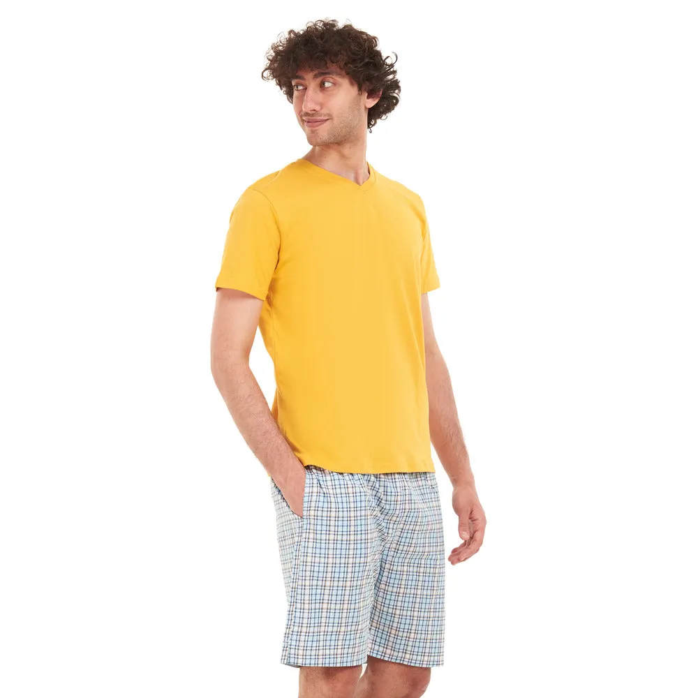 Men summer pajama set Yellow T-shirt   Blue x yellow checkered short