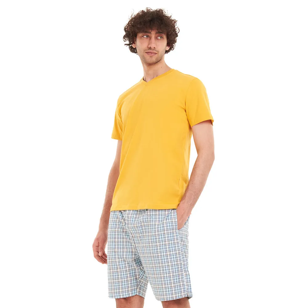 Men summer pajama set Yellow T-shirt   Blue x yellow checkered short