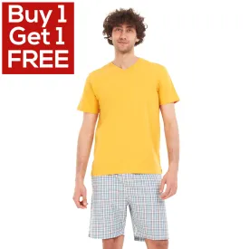 Men summer pajama set Yellow T-shirt   Blue x yellow checkered short